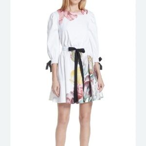 NWT Ted Baker White Dress Tuleela Tranquility Aline Dres, Gold Zipper Size 8